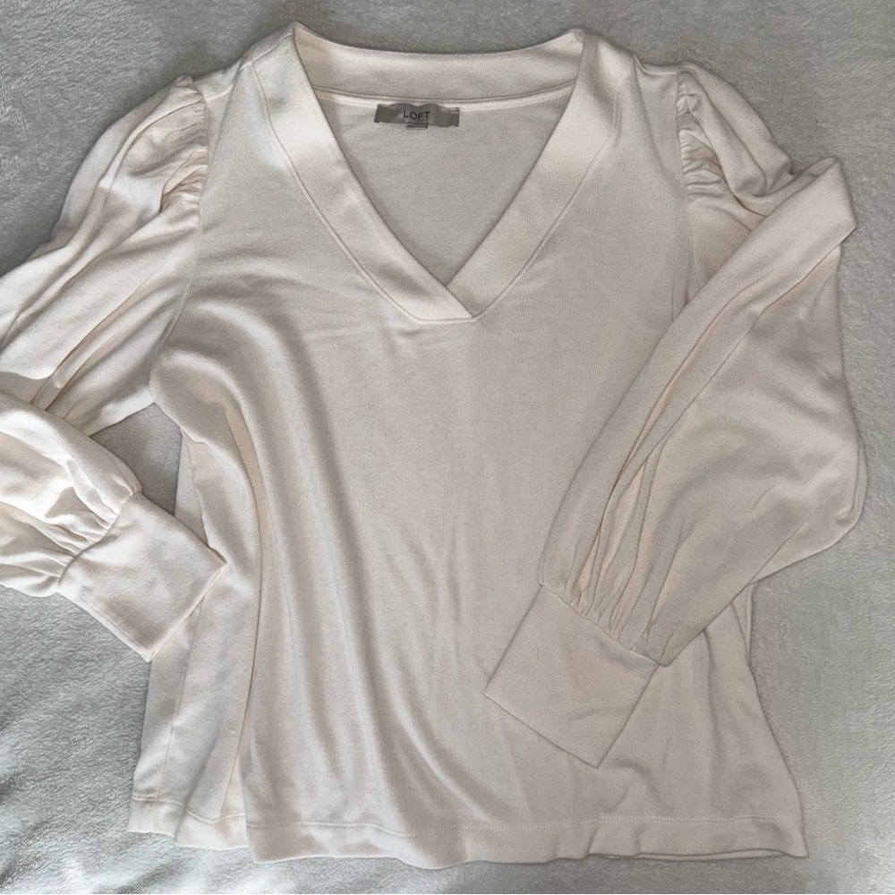 LOFT Cream V-Neck Blouse with Puff Sleeves